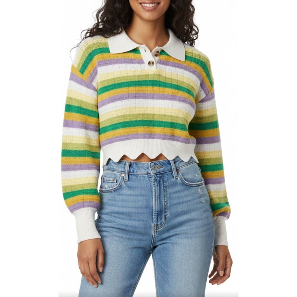 Find Me Now Womens Small sweater peterpan cropped yellow green stripe scallop